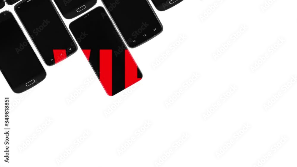 red distorted word virus appears on black smartphones, set of black gadgets moves on diagonal on white background, seamless looping animation, title text for intro video saver, broadcast headline red distorted word virus appears on black smartphones, set of black gadgets moves on diagonal on white background, seamless looping animation, title text for intro video saver, broadcast headline