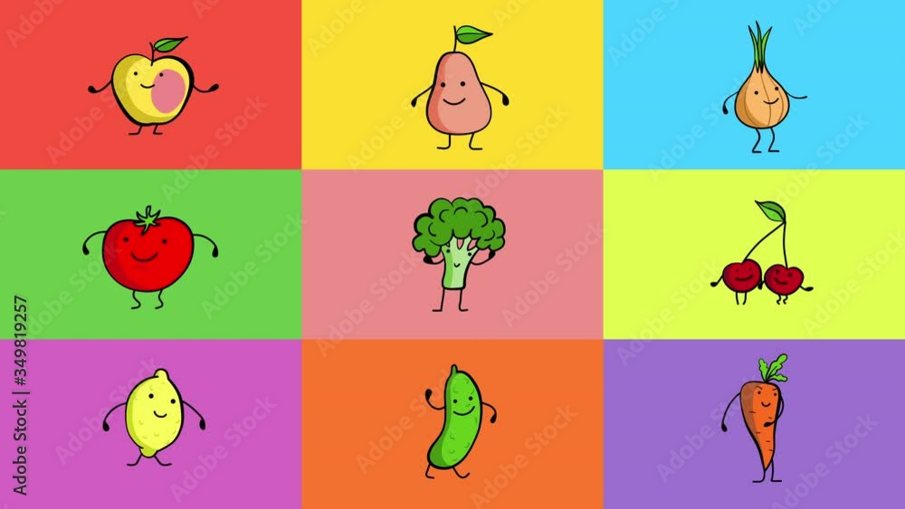 Cartoon animation background. Set of dancing fruits and vegetables. 4k Stock ビデオ Adobe Stock