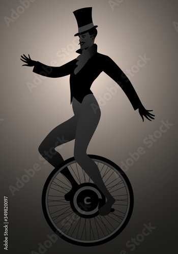 Backlit silhouette of equilibrist dressed in the old fashion, wearing top hat, balancing on unicycle