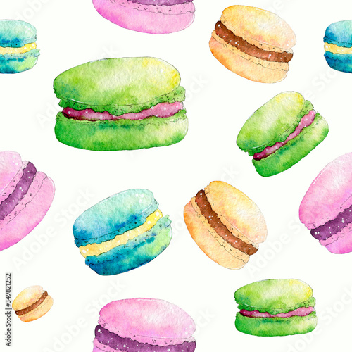 Seamless pattern with watercolor illustrations of macaroons on a white background. Hand-drawn