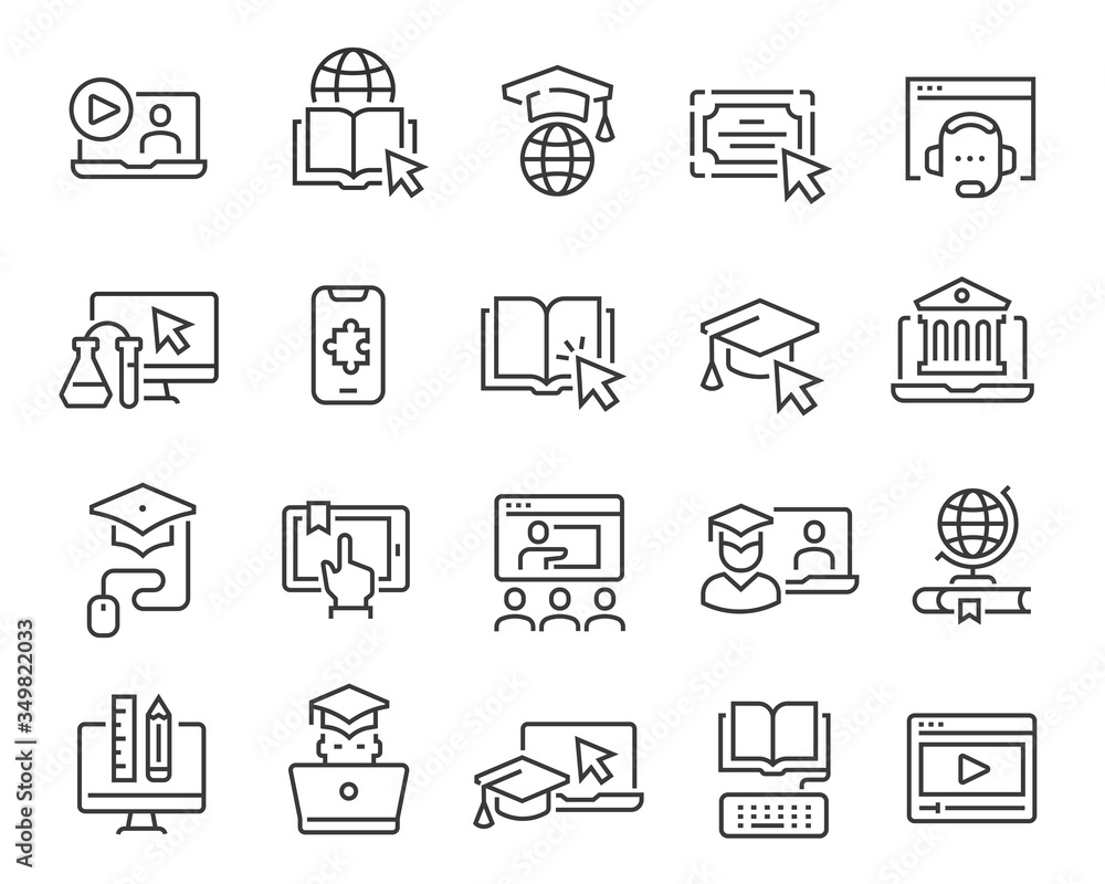 Online education icon set. Collection of linear simple web icons such as online education, mentor, online student, video and audio courses, distance learning, group classes and more. Editable vector