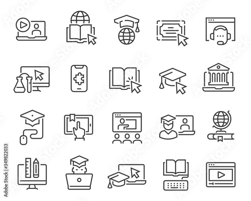 Online education icon set. Collection of linear simple web icons such as online education, mentor, online student, video and audio courses, distance learning, group classes and more. Editable vector