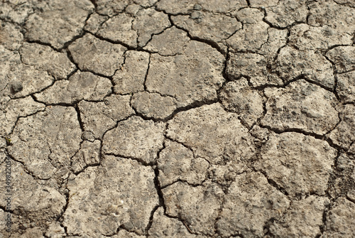Dry land with cracks and dust. Soil texture close up.