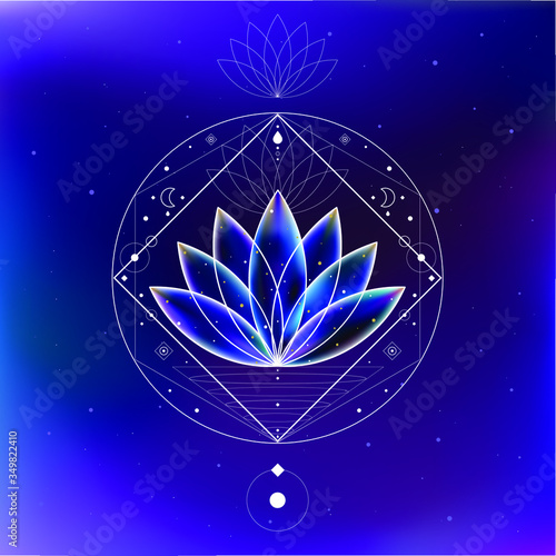 Magic blue cosmic lotus inside the sacred geometry figures frame on the galaxy background