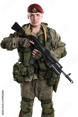 Male in russian mechanized infantry uniform isolated with clipping path on white background.