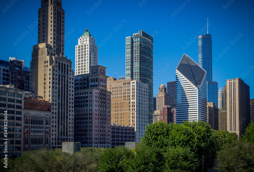 Downtown Chicago as seen from Grant park in the morning Downtown Chicago as seen from Grant park in the morning