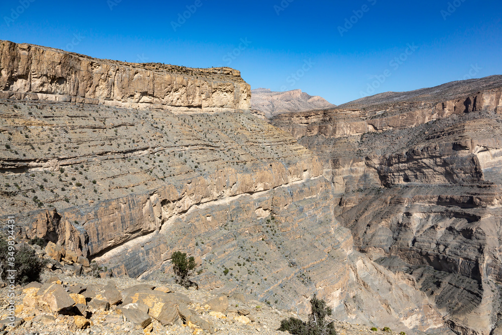 View at mountain flank at Balcony Walk W6 above Wadi Nakhar, Jebel Shams, Oman