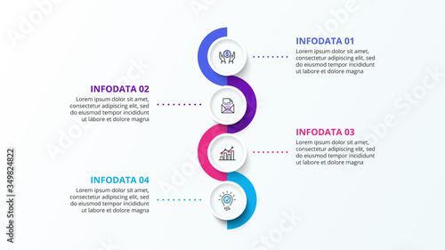 Vertical infographic design template with four circle elements and zig zag. Concept of 4 steps of business strategy. Clean vector illustration for presentation