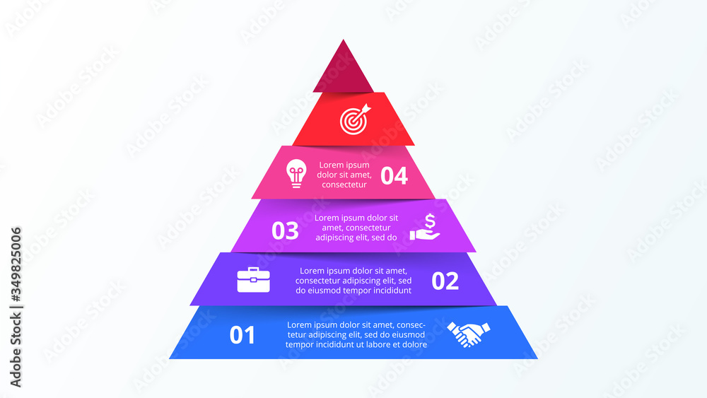 Vetor de Infographic pyramid template with six strip elements. Concept ...