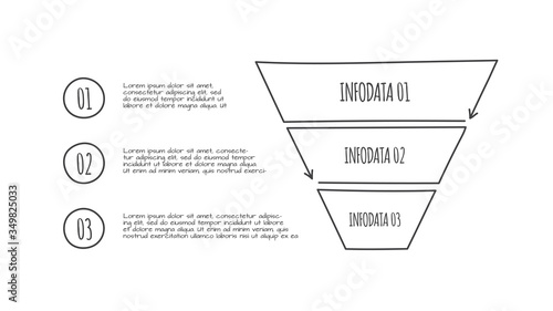 Doodle social media sales funnel infographic with 3 options. Hand drawn icons. Thin line flat illustration