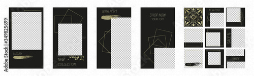 Social media black gold luxury pack, set of insta stories and post frame templates. Vector cover for social media banner. Design backgrounds, mock up for personal blog or shop. Endless square layout.