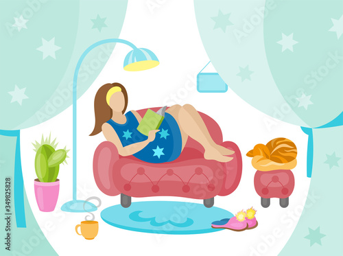 Happy young woman is relaxing on comfortable chair .