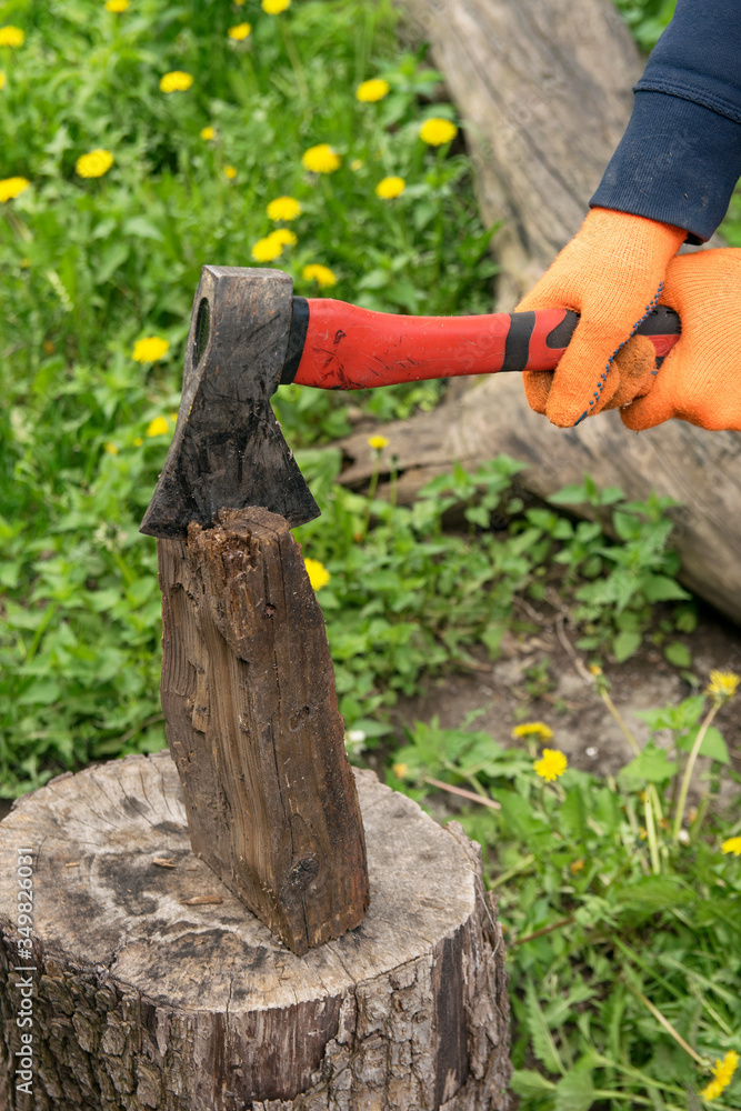 Fototapeta premium Hands hold an ax and chop wood on a stump