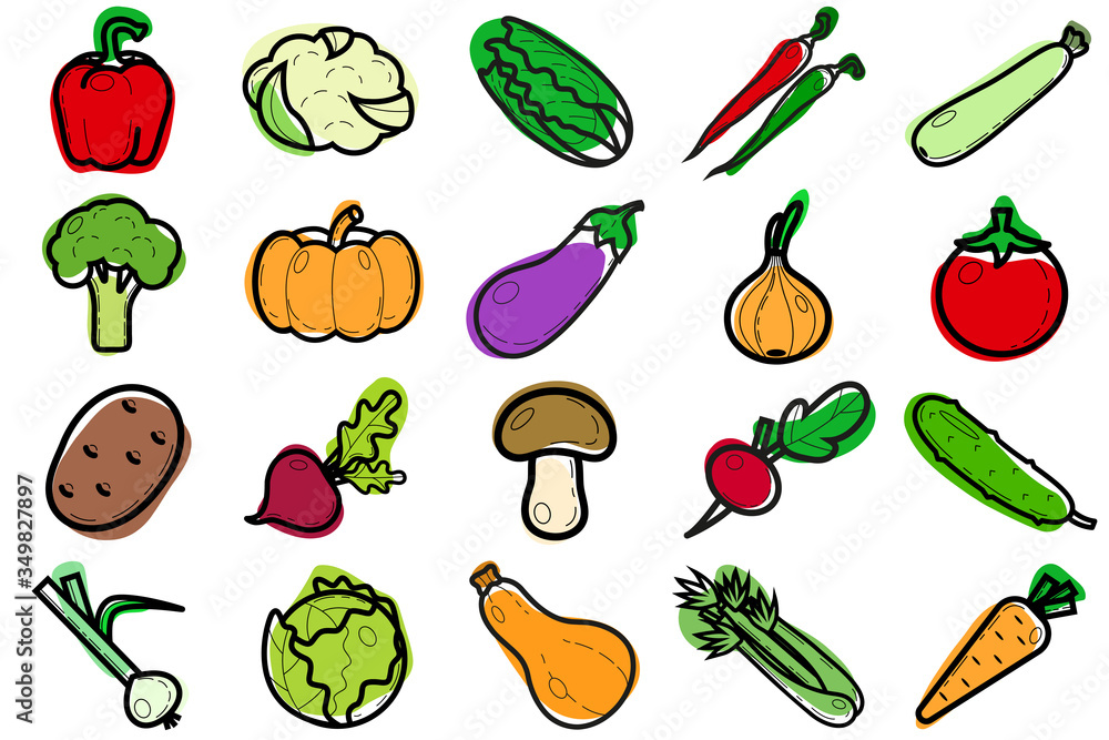 Set of vegetable icons. Modern bright icons in flat style, eco, healthy food, fresh vegetables. Vector illustration. Set of vegetable icons. Modern bright icons in flat style, eco, healthy food, fresh vegetables. Vector illustration.