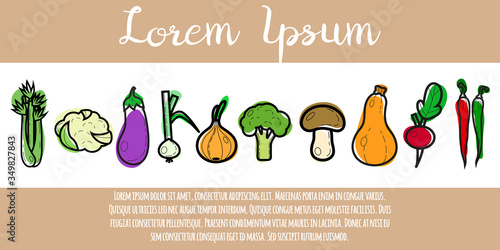 Vegetables banner, vector illustration.Garden, vegetable garden, organic vegetables food. Celery, cauliflower, eggplant, green onion, onion, broccoli, mushroom, pumpkin, radish, hot pepper.