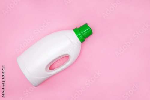 White detergent bottle, washing soap, cleaning gel. Flat lay, overhead view image. Copy space, template.
