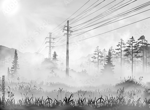 Power line in countryside. Vector realisic illustration of rural area with transmission line passing through the grass field, wood and forest. Black and white sunny morning with fog picture.
