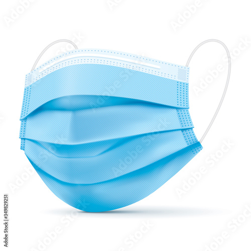 Surgical blue face mask, vector illustration. Virus protection medical mask, standing on a white background in a side view. Disease protective disposable mask with elastic ear loop band, isolated.