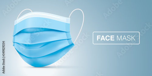 Surgical blue face mask, vector illustration. Virus protection medical mask, standing on gray gradient background in a side view. Disease protective disposable mask with elastic ear loop band.