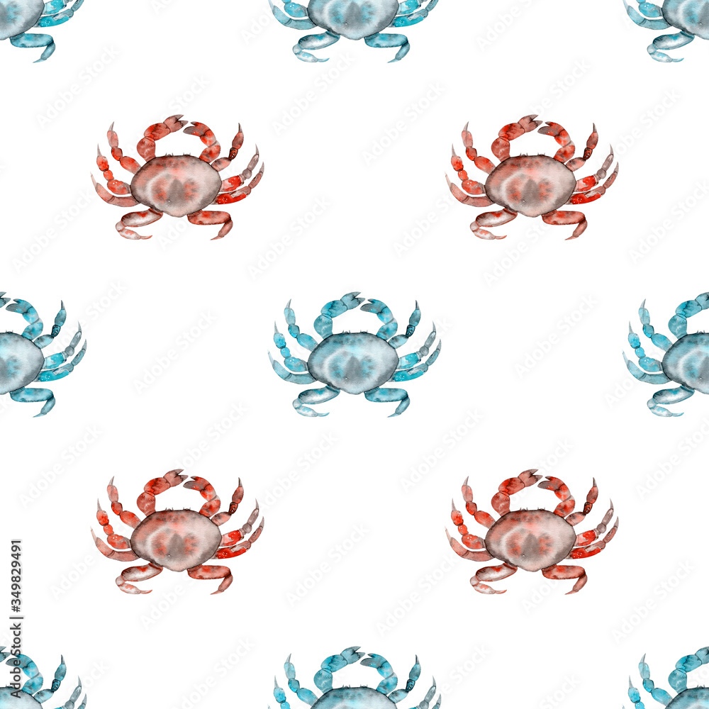 Watercolor seamless seafood pattern. blue crab, red crab, watercolor illustration on white background. Seafood product design. Residents of the underwater world. For printing on fabric, menu. Watercolor seamless seafood pattern. blue crab, red crab, watercolor illustration on white background. Seafood product design. Residents of the underwater world. For printing on fabric, menu.