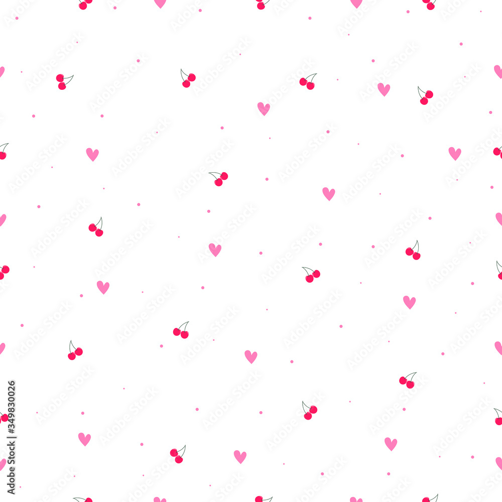 Cute seamless pattern Red cherry effect and heart icon on pink background Hand drawn design in cartoon style used for Publication, poster, gift wrap, fabric, textile, vector illustration