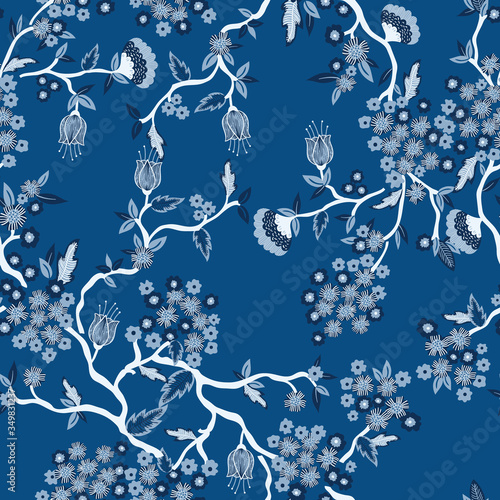 Blue Monochrome Tree Branches Floral Vector Seamless Pattern