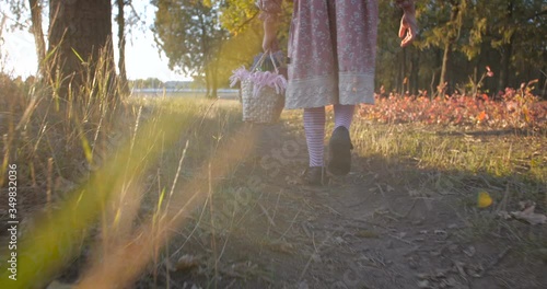 Wallpaper Mural Close up feet of pretty  girl in pink dress  with a basket  full of fruits and flowers  walking along a path, in golden fairy forest on sunny autumn evening. Low angle, slow motion Torontodigital.ca