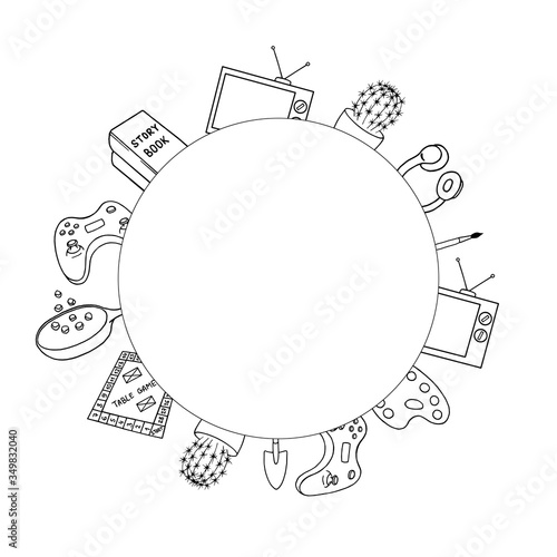 Frame with hand drawn items of fun home activities on white background. Hand draw doodle style. Stay at home concept.