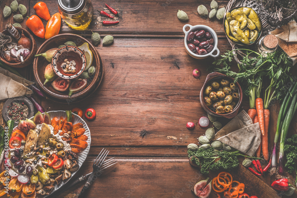 custom made wallpaper toronto digitalHealthy vegan or vegetarian food background with snacks. Various fresh, pickled and fermented vegetables in bowls. Hummus plate with roasted vegetables and nuts. Olives, figs, green almond , chickpeas