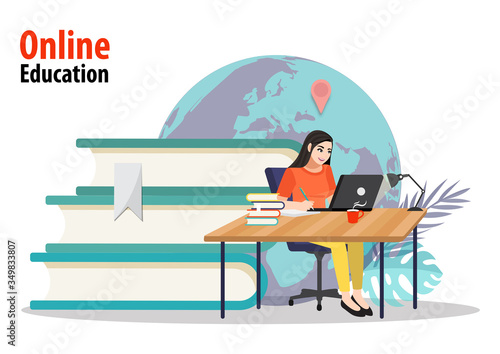 Online courses concept, the person gains knowledge for success and better ideas. Education, online business, distance education, online books and study guides, exam preparation, homeschooling, vector