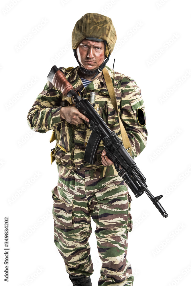 Male in uniform conforms to Russian army special forces (OMON) in War in Chechnya. Isolated on white background
