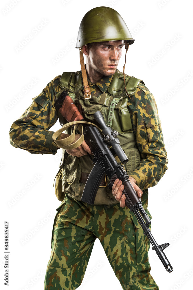 Male in uniform conforms to Russian army special forces (OMON) in War in Chechnya. Isolated on white background Male in uniform conforms to Russian army special forces (OMON) in War in Chechnya. Isolated on white background