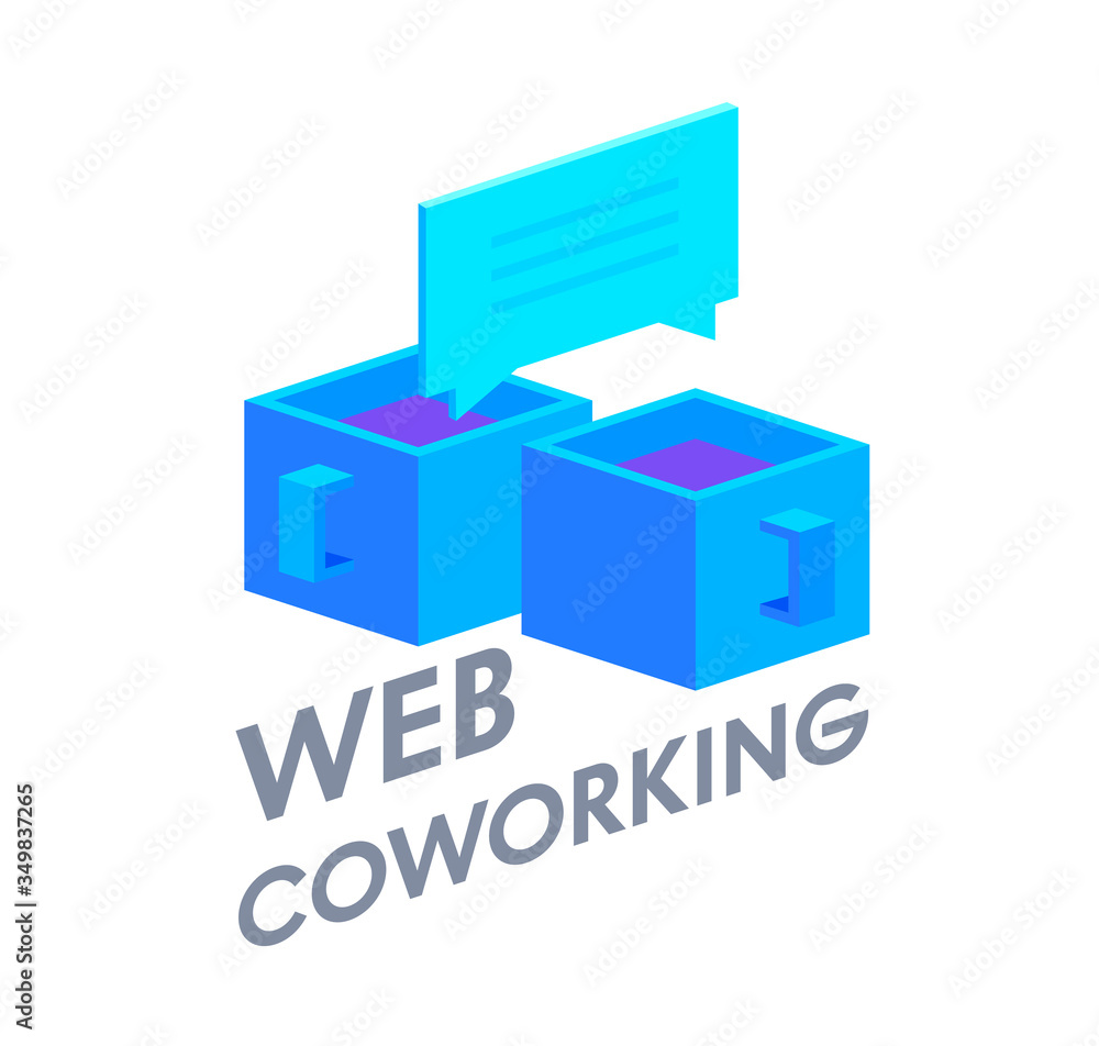 Web Coworking Banner, Isometric Icon or Badge with Couple of Coffee Cups with Speech Bubble Isolated on White Background. Design Element for Business and Social Media. Vector Illustration, Clip Art Web Coworking Banner, Isometric Icon or Badge with Couple of Coffee Cups with Speech Bubble Isolated on White Background. Design Element for Business and Social Media. Vector Illustration, Clip Art