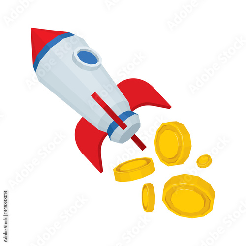 Rocket takeoff. Startup concept illustration with rocket and golden coins. Financial and capitalization successful grow metaphor graphic. Part of set. 