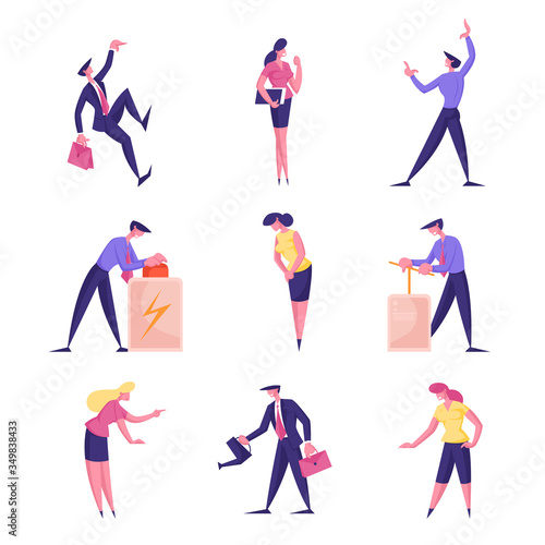 Male and Female Business People Characters Pushing on Red Button, Holding Watering Can, Move Lever Arm, Climbing Up with Briefcase, Carry Notebook Isolated on White. Cartoon People Vector Illustration