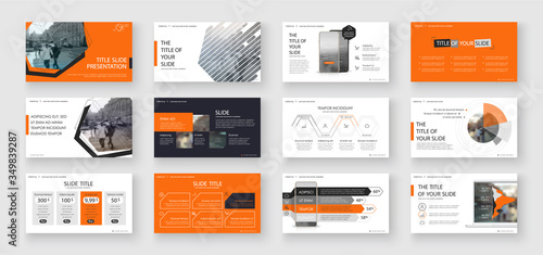 Geometric Orange Presentation Element Templates. Vector infographics. For use in Presentation, Flyer and Leaflet, SEO, Marketing, Webinar Landing Page Template, Website Design, Banner.