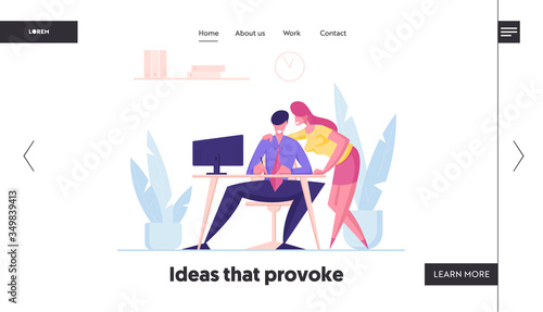 Company Employees Routine Teamwork Process Landing Page Template. Businesswoman Character Gossip with Man Sitting at Desk Working on Computer in Office, Chitchat. Cartoon People Vector Illustration