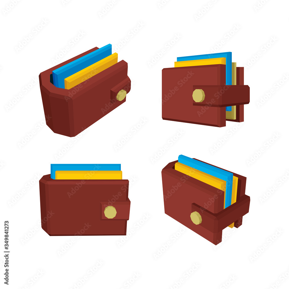 Wallet. Cartoon style isometric wallets with cards in different views and angles. Financial concept vector illustrations set. Wallet. Cartoon style isometric wallets with cards in different views and angles. Financial concept vector illustrations set.