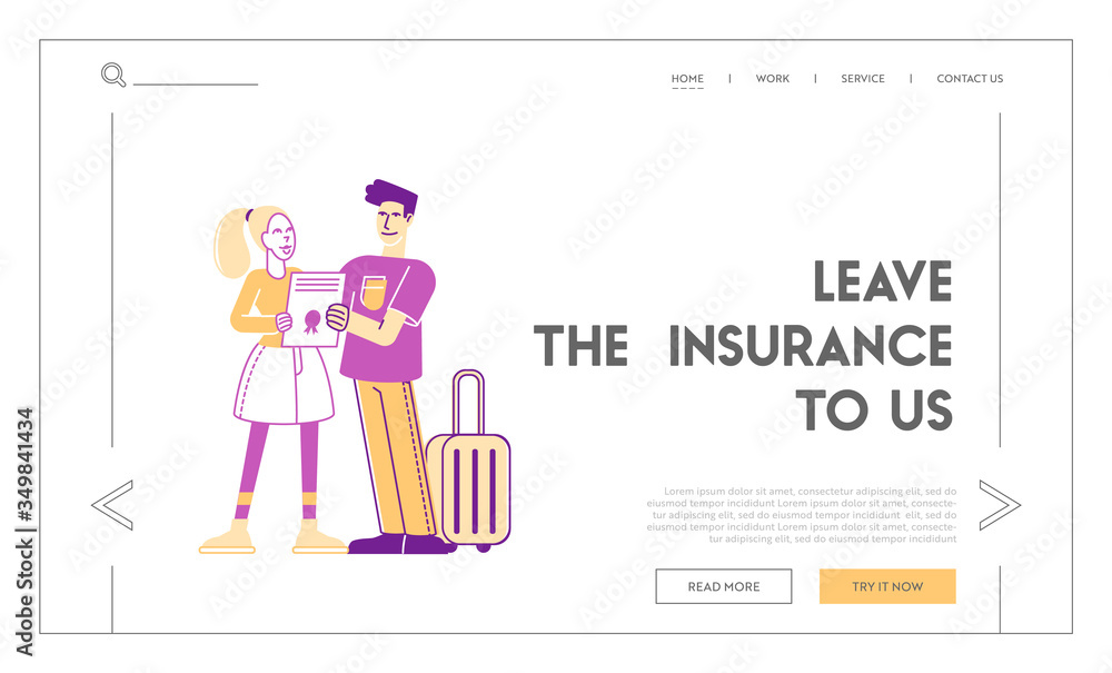Compensation for Accident and Danger Life Situation Landing Page Template. Happy Tourists Characters Hold Signed Insurance Policy Contract. Emergency Help, Support. Linear People Vector Illustration