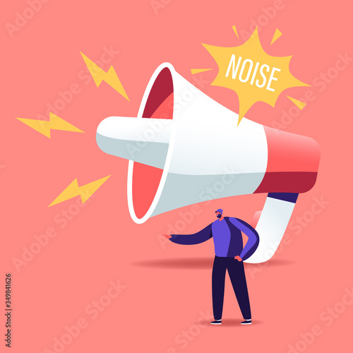 Tiny Male Character stand at Huge Megaphone Suffering of Noise Pollution. Big City Dweller Hearing Loud Sounds and Tinnitus. Loudspeaker Making Strong Uproar. Cartoon People Vector Illustration