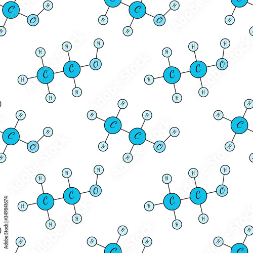 Semless pattern with C2H5OH medical chemical formula of alcohol ethanol. Concept of chemistry, biology, science molecula, component of disinfection and anticeptic process. drinks, booze production
