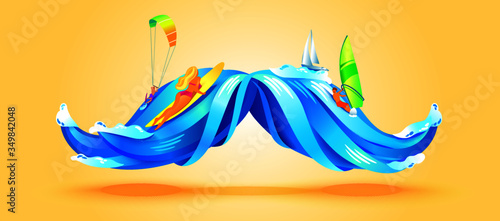 Men's dreams of vacation. People go in for sports: surfing, windsurfing and kite surfing on the waves. A yacht floats in the distance. Two waves in the form of a mustache. Vector illustration.