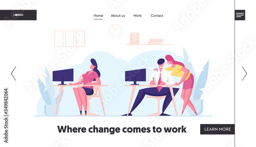 Envy Landing Page Template. Office People Gossip and Discussing Female Colleague Sitting nearby on Desk with Computer. Business Characters Viciously Smiling and Giggle. Cartoon Vector Illustration