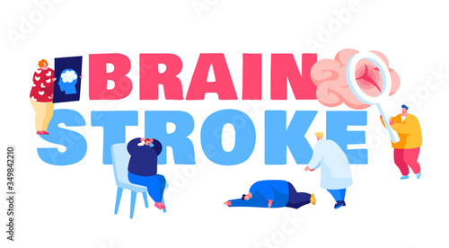 Brain Stroke Concept. Ambulance Hospitalize Patient Character to Clinic, Doctor Learn Broken Bleeding Vessel in Human Brain. Apoplexy Head Ache Poster Banner Flyer. Cartoon People Vector Illustration