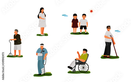 people cartoon character design consist of pregnant woman, boy and girl, blind man, disability man, injury man and old man