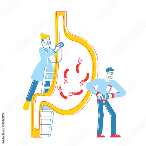 Gastroenterology Concept. Doctor Character Stand on Ladder at Huge Stomach. Patient at Feel Pain, Medic Study Stomachache Causes of Gastritis or Helicobacter Disease. Linear People Vector Illustration