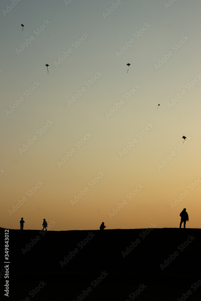 silhouette of a group of person flying kites on sunset
