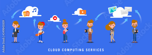 Cloud computing services concept illustration. Group of people standing with their smartphone and tablet. Files transfer through cloud computer network. Flat design style cartoon character.