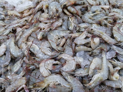 Fresh tiger prawns laid on bed of ice in market.