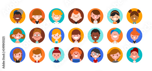 Teens and kids avatar collection. boys and girls faces, Colorful user pic icons. Flat design style cartoon illustration isolated on white background.